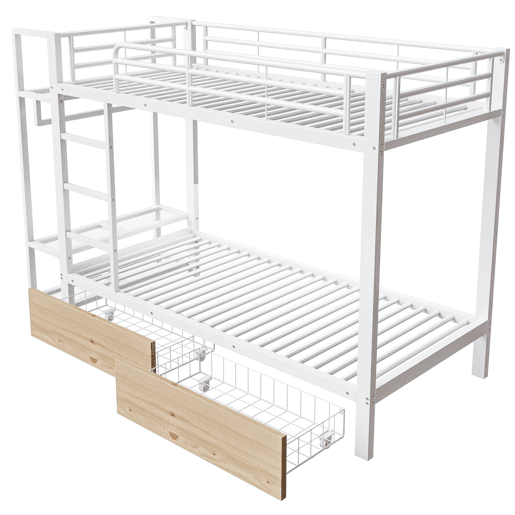 Beliche 90x200 cm - Estrutura em ferro, 2 gavetas, prateleiras, LED, barra para roupa - Branco