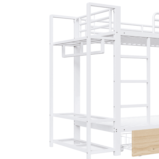 Beliche 90x200 cm - Estrutura em ferro, 2 gavetas, prateleiras, LED, barra para roupa - Branco