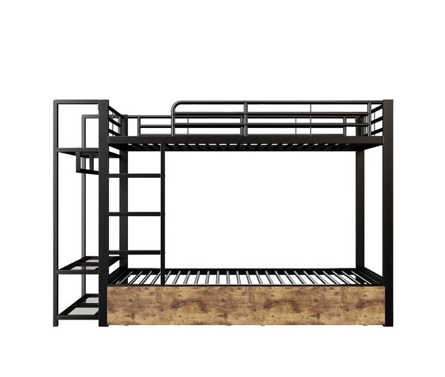 Litera 90x200 cm - estructura de hierro, 2 cajones, estantes, led, barra de ropa - negro