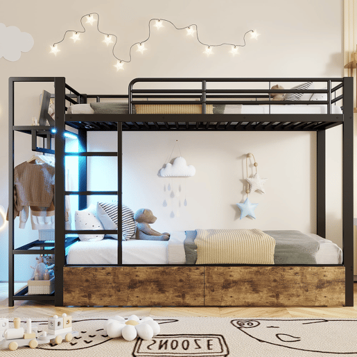 Beliche 90x200 cm - Estrutura em ferro, 2 gavetas, prateleiras, LED, barra para roupa - Preto