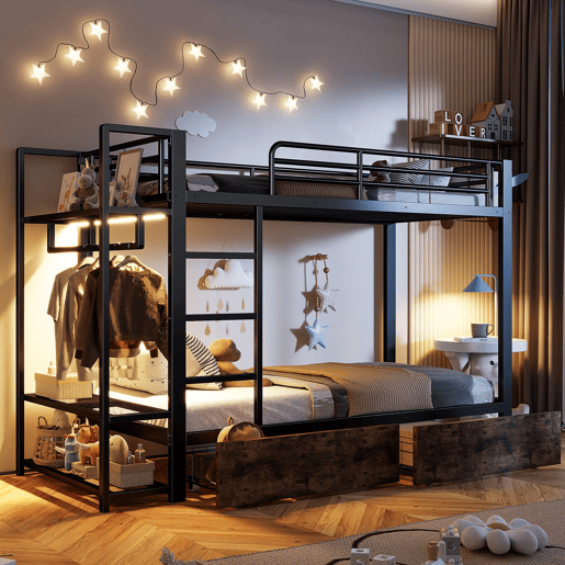 Beliche 90x200 cm - Estrutura em ferro, 2 gavetas, prateleiras, LED, barra para roupa - Preto