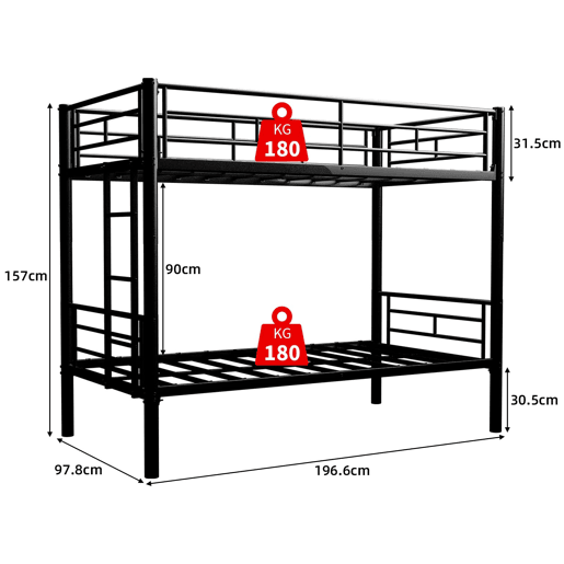 Beliche metálico Twin sobre Twin - estrutura metálica, convertível em 2 camas, com grade de proteção - Preto