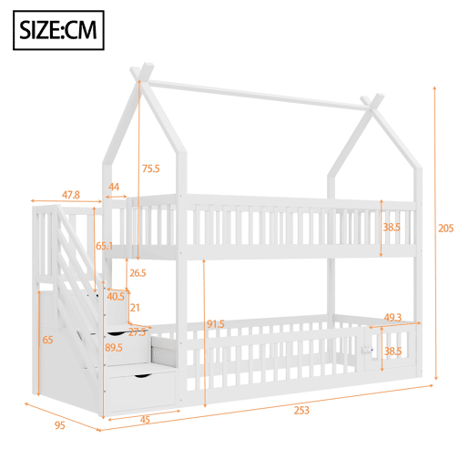 Cama beliche infantil 90x200 - madeira maciça com teto, escada de segurança e gavetas de arrumação - branco