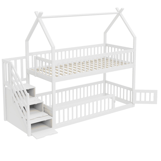Cama beliche infantil 90x200 - madeira maciça com teto, escada de segurança e gavetas de arrumação - branco