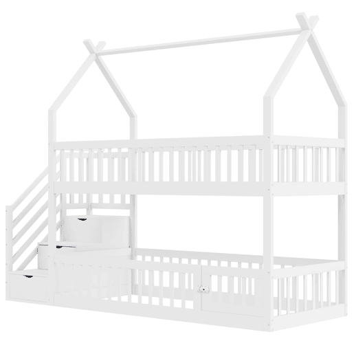 Cama beliche infantil 90x200 - madeira maciça com teto, escada de segurança e gavetas de arrumação - branco