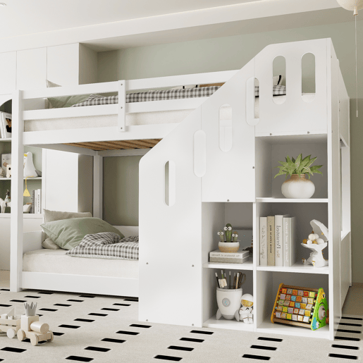 Beliche para crianças - 2x90x200 cm - com cacifo e gradeamento - Branco (sem colchão) Beliche para crianças - 2x90x200 cm - com cacifo e gradeamento - Branco (sem colchão)