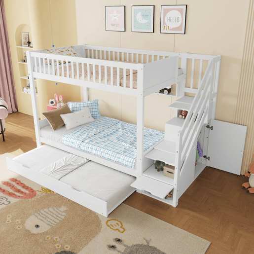 Cama alta 90x200cm - Com cama extraível, prateleira, armário, com arrumação - Branco