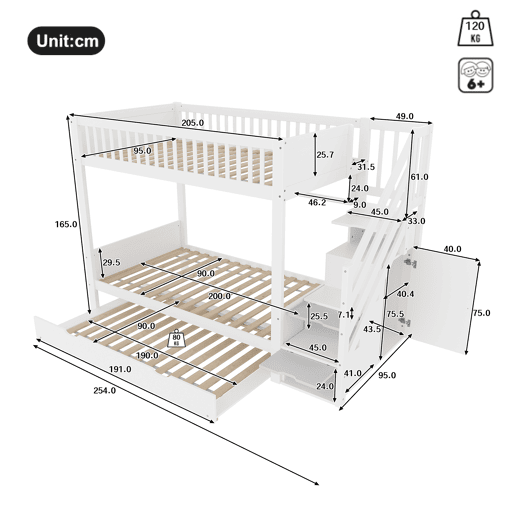 Cama alta 90x200cm - Com cama extraível, prateleira, armário, com arrumação - Branco