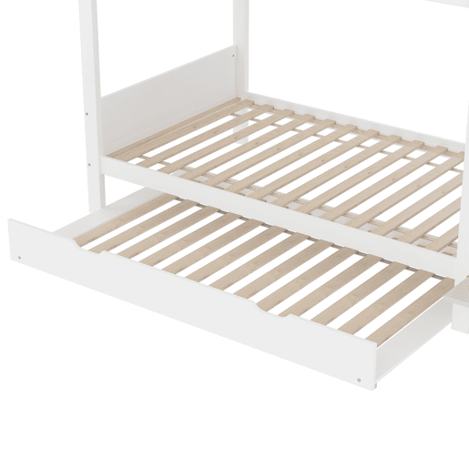 Cama alta 90x200cm - Com cama extraível, prateleira, armário, com arrumação - Branco