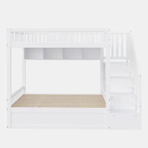 Cama juvenil 140x200 cm - Altura com sistema hidráulico, escada com arrumação e prateleiras - Branco