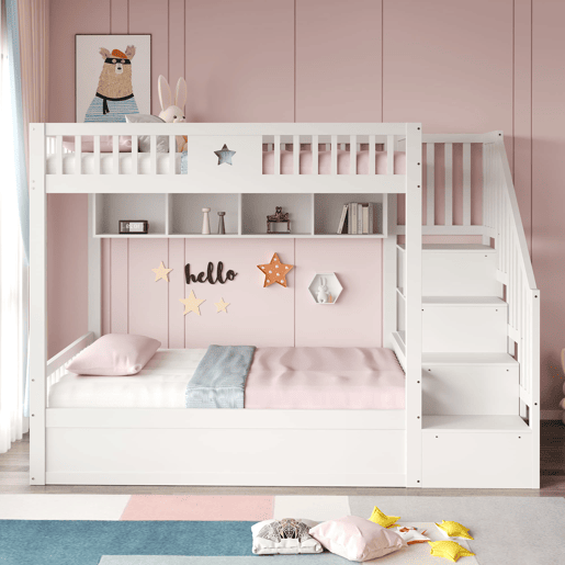 Cama juvenil 140x200 cm - Altura com sistema hidráulico, escada com arrumação e prateleiras - Branco Cama juvenil 140x200 cm - Altura com sistema hidráulico, escada com arrumação e prateleiras - Branco