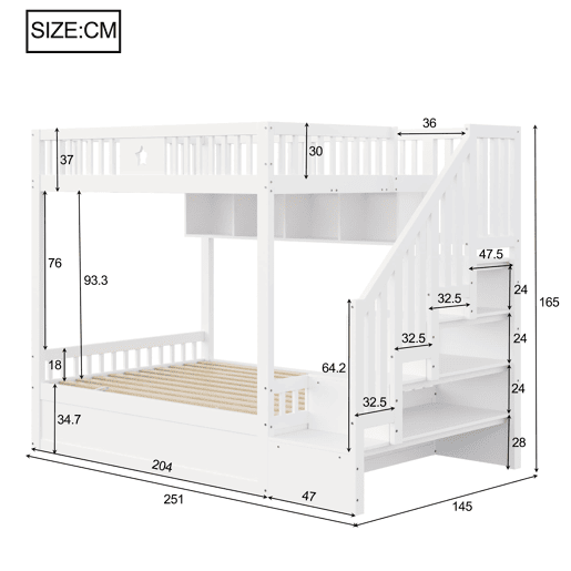 Cama juvenil 140x200 cm - Altura com sistema hidráulico, escada com arrumação e prateleiras - Branco Cama juvenil 140x200 cm - Altura com sistema hidráulico, escada com arrumação e prateleiras - Branco