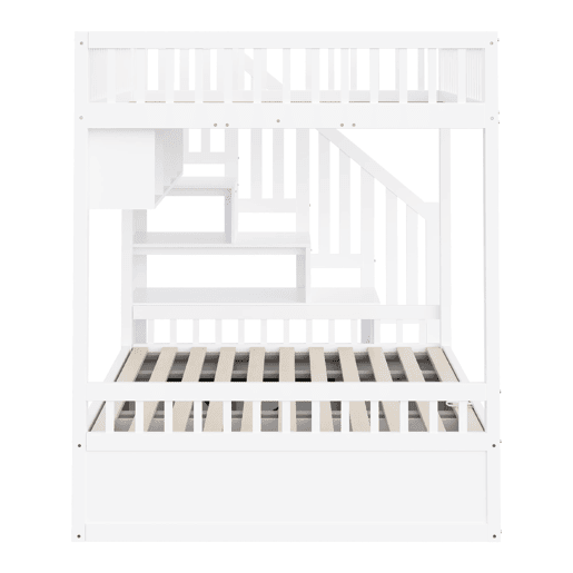 Cama juvenil 140x200 cm - Altura com sistema hidráulico, escada com arrumação e prateleiras - Branco Cama juvenil 140x200 cm - Altura com sistema hidráulico, escada com arrumação e prateleiras - Branco