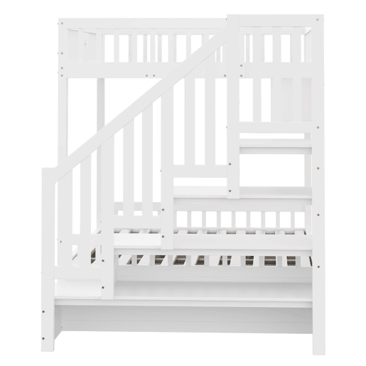 Cama juvenil 140x200 cm - Altura com sistema hidráulico, escada com arrumação e prateleiras - Branco Cama juvenil 140x200 cm - Altura com sistema hidráulico, escada com arrumação e prateleiras - Branco