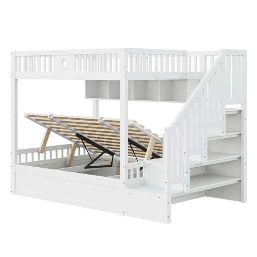 Cama juvenil 140x200 cm - Altura com sistema hidráulico, escada com arrumação e prateleiras - Branco Cama juvenil 140x200 cm - Altura com sistema hidráulico, escada com arrumação e prateleiras - Branco