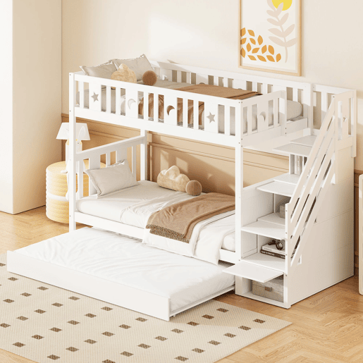 Cama beliche infantil 90x200 cm - Cama extraível, escada de segurança, branca Cama beliche infantil 90x200 cm - Cama extraível, escada de segurança, branca