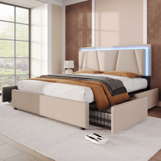 Cama estofada 160x200 cm - 4 gavetas, cabeceira ajustável, LED, base de madeira - bege