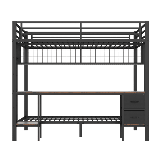 Beliche alto, 90x200cm e 140x200cm - Estrutura em ferro, com gavetas, prateleiras, grade para pendurar, secretária, faixa LED de 7 cores, porta USB - Preto