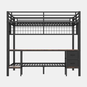 Beliche alto, 90x200cm e 140x200cm - Estrutura em ferro, com gavetas, prateleiras, grade para pendurar, secretária, faixa LED de 7 cores, porta USB - Preto