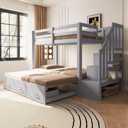 Beliche 90180 x 200 cm - com gavetas, cama extensível, cama juvenil, estrado, estrutura em madeira - cinzento