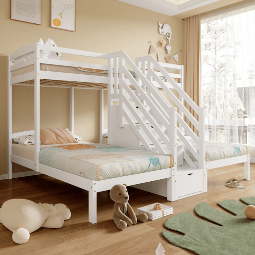 Cama alta 90x200cm - 3 camas, madeira de pinho, escada com gavetas, corrimão, certificado EN 747 - branco