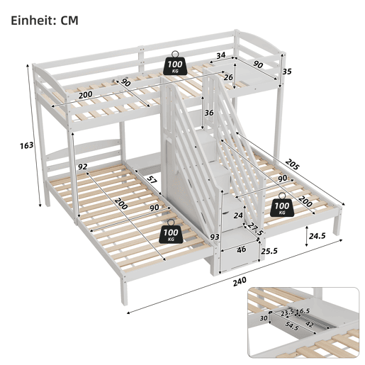 Cama alta 90x200cm - 3 camas, madeira de pinho, escada com gavetas, corrimão, certificado EN 747 - branco
