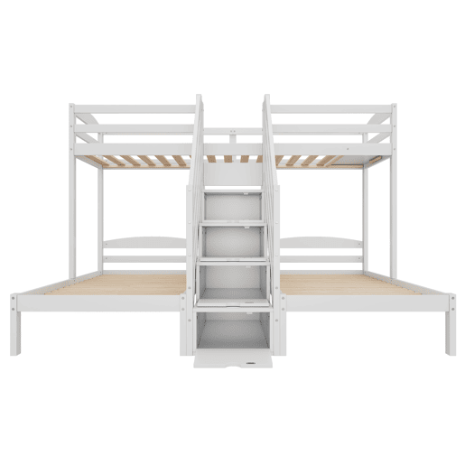Cama alta 90x200cm - 3 camas, madeira de pinho, escada com gavetas, corrimão, certificado EN 747 - branco