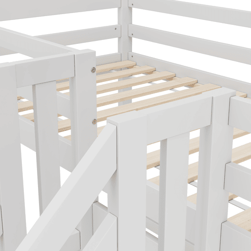 Cama alta 90x200cm - 3 camas, madeira de pinho, escada com gavetas, corrimão, certificado EN 747 - branco