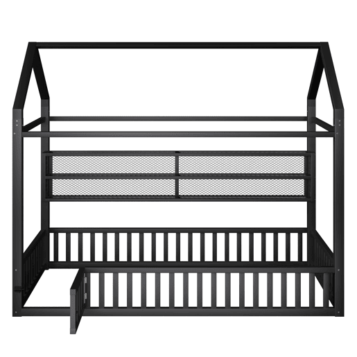 Cama infantil com plataforma 90x200 - com LED, grade de proteção e design em forma de casinha - Preto
