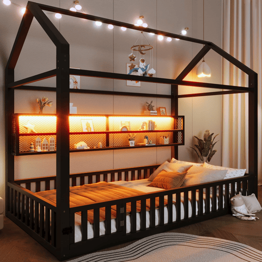 Cama infantil com plataforma 90x200 - com LED, grade de proteção e design em forma de casinha - Preto