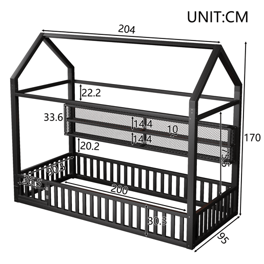 Cama infantil com plataforma 90x200 - com LED, grade de proteção e design em forma de casinha - Preto