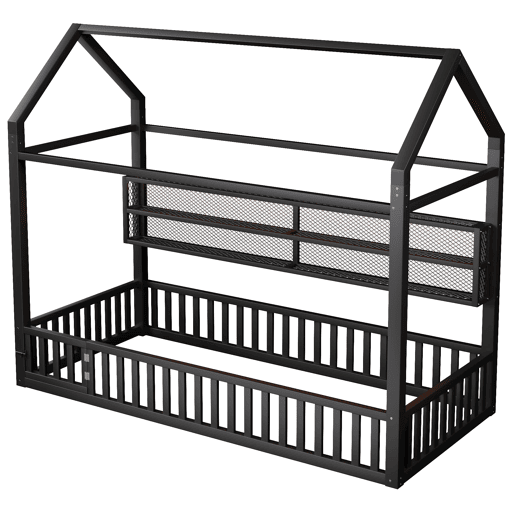 Cama infantil com plataforma 90x200 - com LED, grade de proteção e design em forma de casinha - Preto