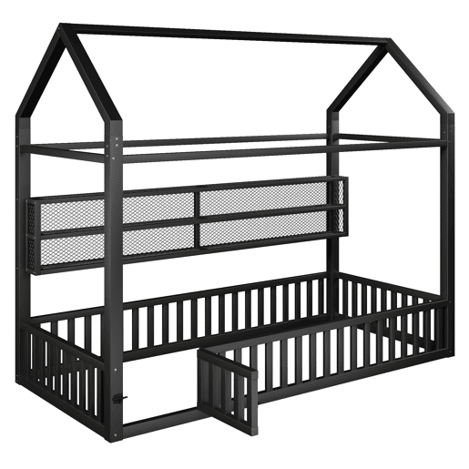 Cama infantil com plataforma 90x200 - com LED, grade de proteção e design em forma de casinha - Preto