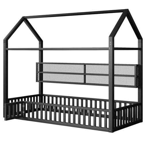 Cama infantil com plataforma 90x200 - com LED, grade de proteção e design em forma de casinha - Preto