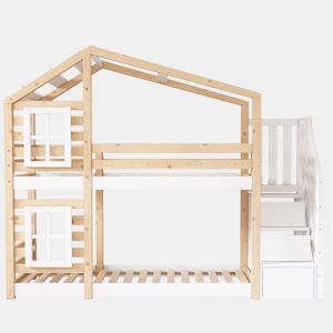 Cama infantil 90x200 cm - Estilo casinha, com arrumação e grade de segurança - Natural e branco