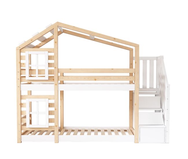 Cama infantil 90x200 cm - estilo casita, con almacenamiento y barandilla de seguridad - natural y blanco