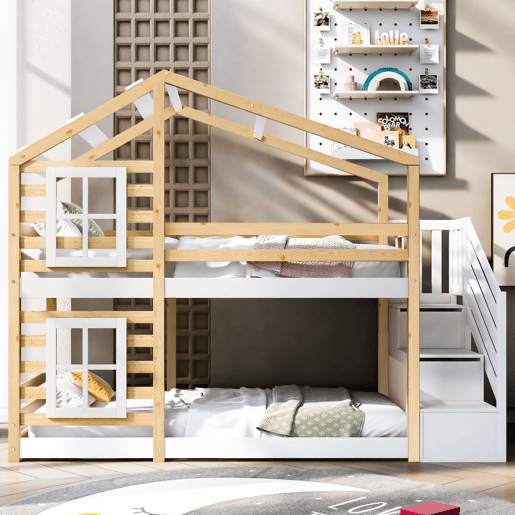 Cama infantil 90x200 cm - Estilo casinha, com arrumação e grade de segurança - Natural e branco