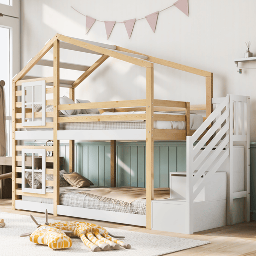Cama infantil 90x200 cm - Estilo casinha, com arrumação e grade de segurança - Natural e branco