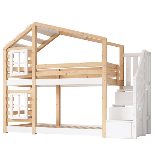 Cama infantil 90x200 cm - Estilo casinha, com arrumação e grade de segurança - Natural e branco