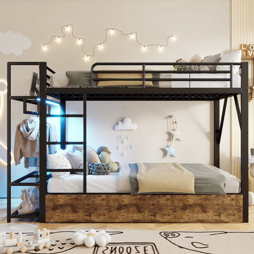 Beliche 140x200 cm - 2 gavetas, prateleiras, LED, barra para roupa - Preto