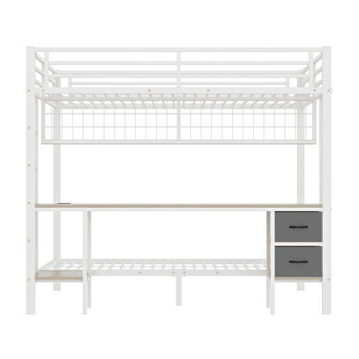 Beliche alto 90x200 e 140x200 - Estrutura em metal, gavetas, prateleiras, grade para pendurar objetos, secretária, com faixa LED de 7 cores, porta USB, sem colchão - Branco