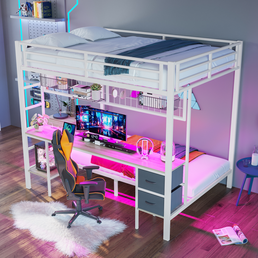 Beliche alto 90x200 e 140x200 - Estrutura em metal, gavetas, prateleiras, grade para pendurar objetos, secretária, com faixa LED de 7 cores, porta USB, sem colchão - Branco