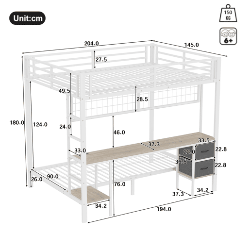 Beliche alto 90x200 e 140x200 - Estrutura em metal, gavetas, prateleiras, grade para pendurar objetos, secretária, com faixa LED de 7 cores, porta USB, sem colchão - Branco