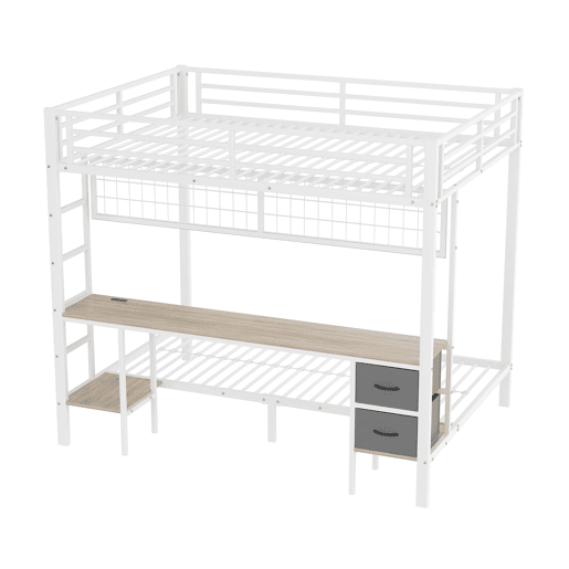 Beliche alto 90x200 e 140x200 - Estrutura em metal, gavetas, prateleiras, grade para pendurar objetos, secretária, com faixa LED de 7 cores, porta USB, sem colchão - Branco