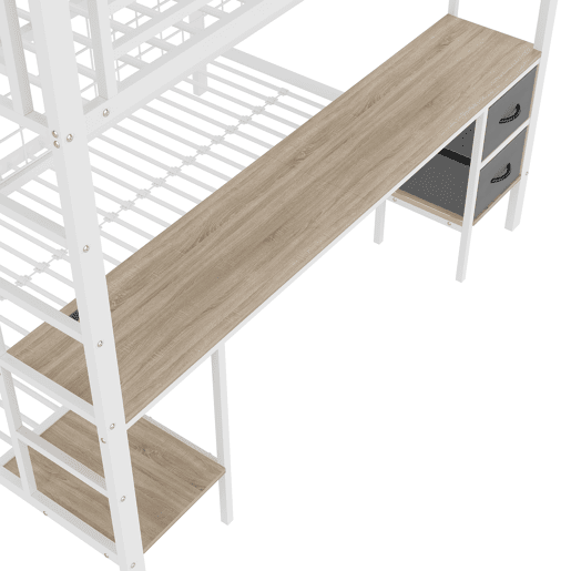 Beliche alto 90x200 e 140x200 - Estrutura em metal, gavetas, prateleiras, grade para pendurar objetos, secretária, com faixa LED de 7 cores, porta USB, sem colchão - Branco