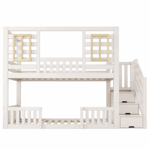 Cama alta infantil 90x200 cm - estilo cabana com janelas de madeira e armário em forma de escada, 2 camas, com base de colchão, EN 747, sem colchão - Branco