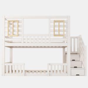 Cama alta infantil 90x200 cm - estilo cabana com janelas de madeira e armário em forma de escada, 2 camas, com base de colchão, EN 747, sem colchão - Branco