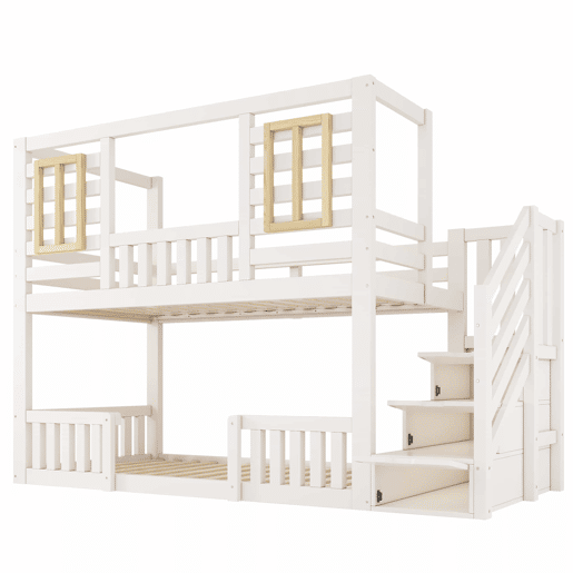 Cama alta infantil 90x200 cm - estilo cabana com janelas de madeira e armário em forma de escada, 2 camas, com base de colchão, EN 747, sem colchão - Branco