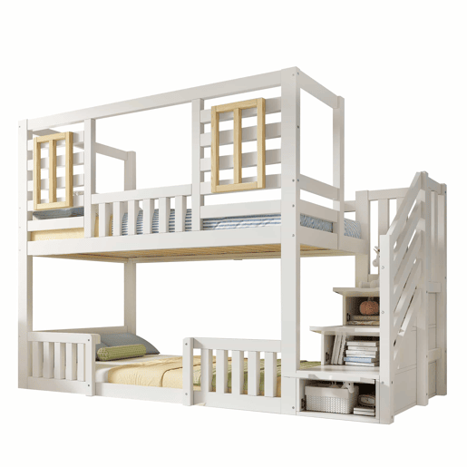 Cama alta infantil 90x200 cm - estilo cabana com janelas de madeira e armário em forma de escada, 2 camas, com base de colchão, EN 747, sem colchão - Branco