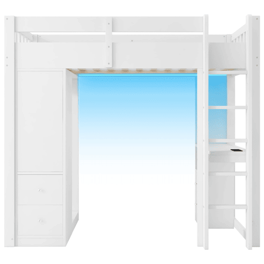 Cama alta 90x200 - 4 gavetas, armário, secretária, LED e USB - Branco